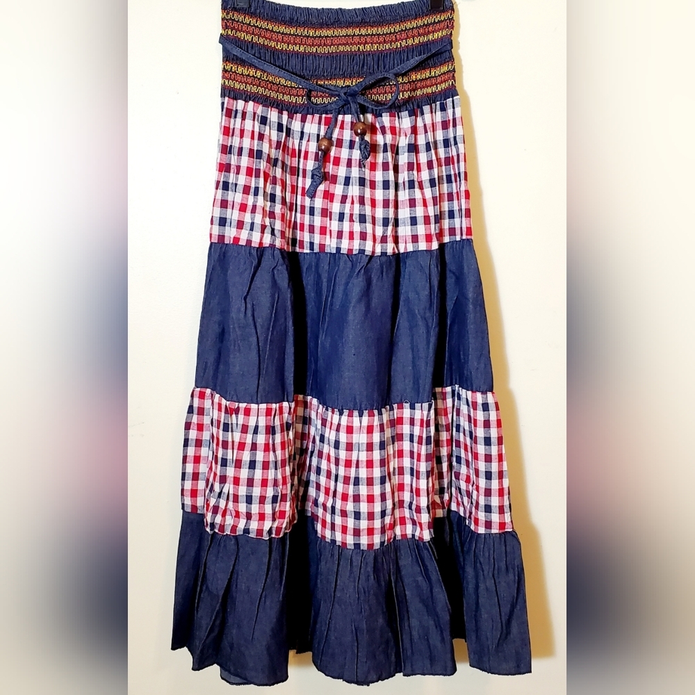 NWT Y2K Country Fair 4 Tiered Denim and Plaid Maxi Skirt Size Small